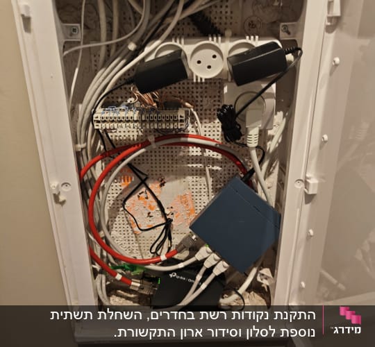 ארון תקשורת עם כבלים וציוד רשת